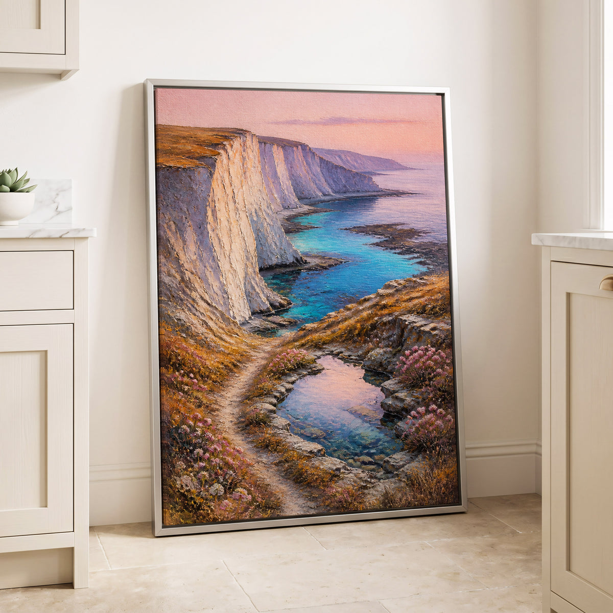 Chalk Coast Reverie, blue, pink, white nature wall art displayed in a styled interior, gallery view 4