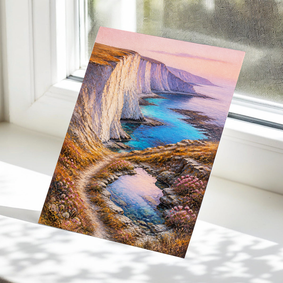 Chalk Coast Reverie, blue, pink, white nature wall art displayed in a styled interior, gallery view 5