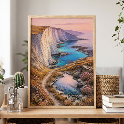 Chalk Coast Reverie, blue, pink, white nature wall art displayed in a styled interior, gallery view 6