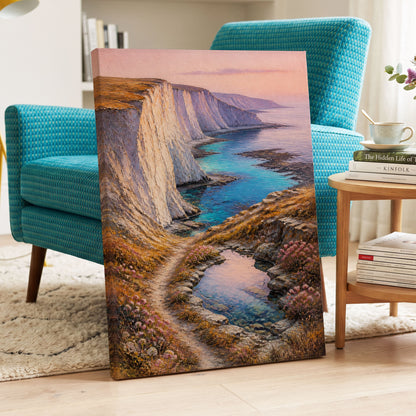 Chalk Coast Reverie, blue, pink, white nature wall art displayed in a styled interior, gallery view 7