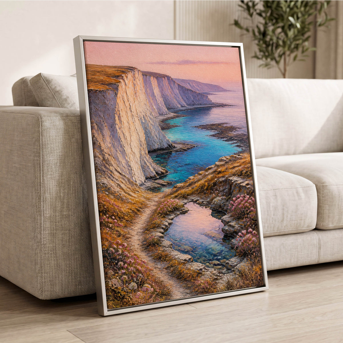 Chalk Coast Reverie, blue, pink, white nature wall art displayed in a styled interior, gallery view 8