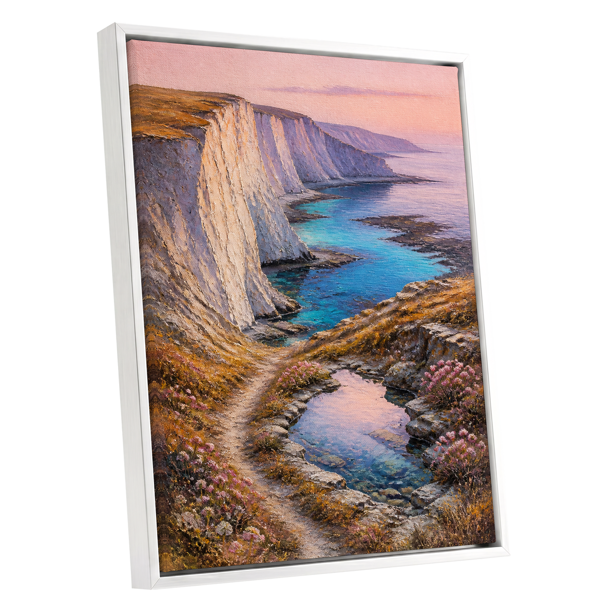 Chalk Coast Reverie, blue, pink, white nature wall art shown as a white framed canvas wall art