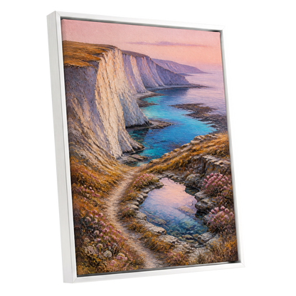 Chalk Coast Reverie, blue, pink, white nature wall art shown as a white framed canvas wall art