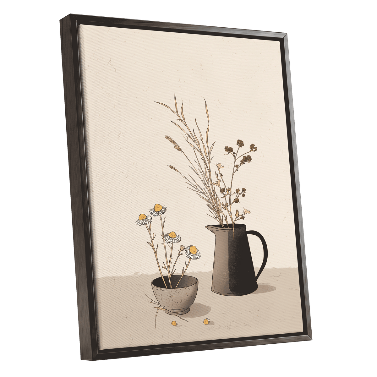 Chamomile & Charcoal, beige, brown, black floral wall art shown as a black framed canvas wall art