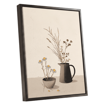 Chamomile & Charcoal, beige, brown, black floral wall art shown as a black framed canvas wall art