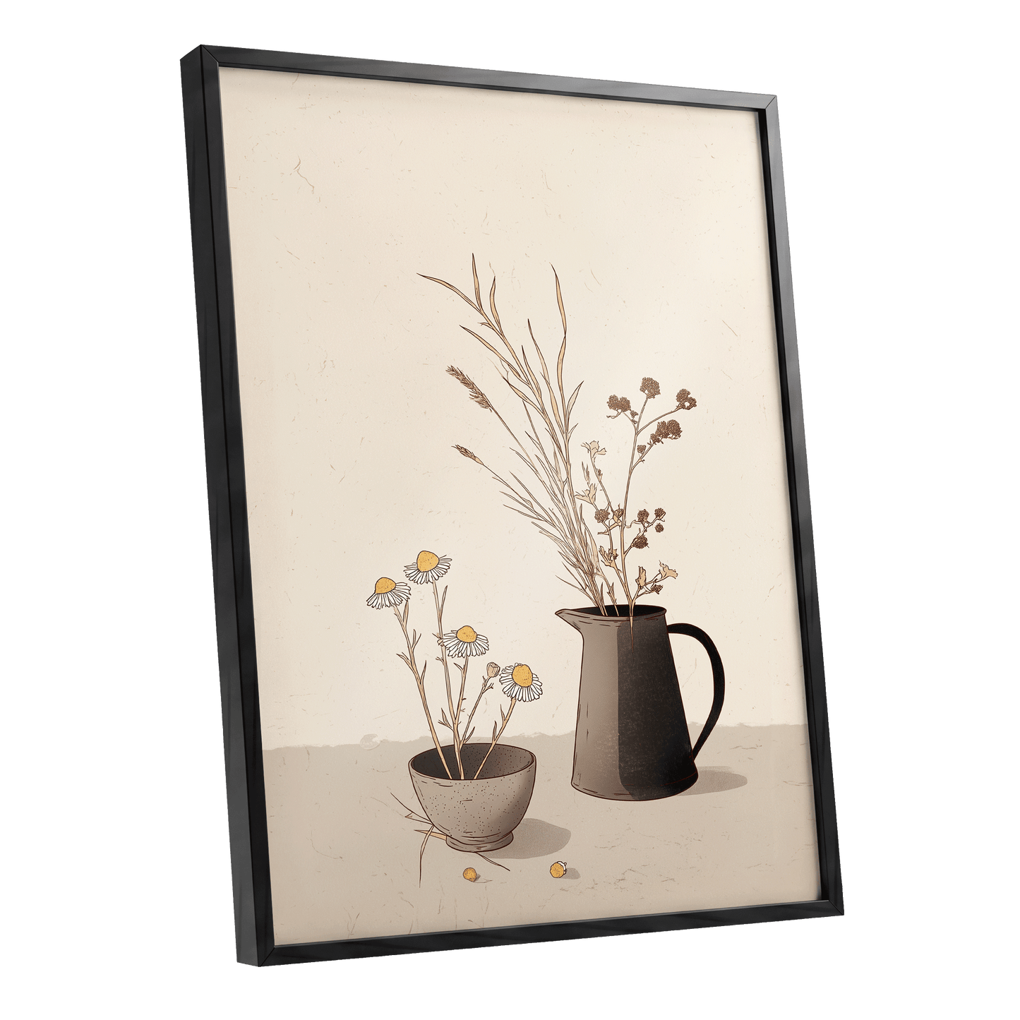 Chamomile & Charcoal, beige, brown, black floral wall art shown as a black framed poster wall art print