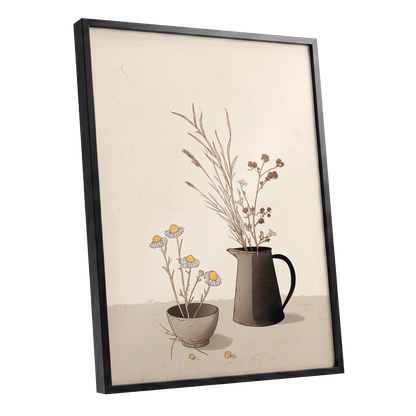 Chamomile & Charcoal, beige, brown, black floral wall art shown as a black framed poster wall art print