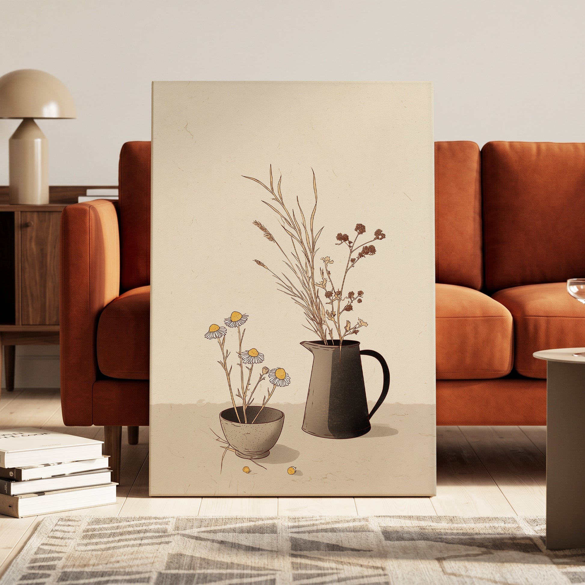 Chamomile & Charcoal, beige, brown, black floral wall art on canvas displayed in a styled interior, gallery view 1