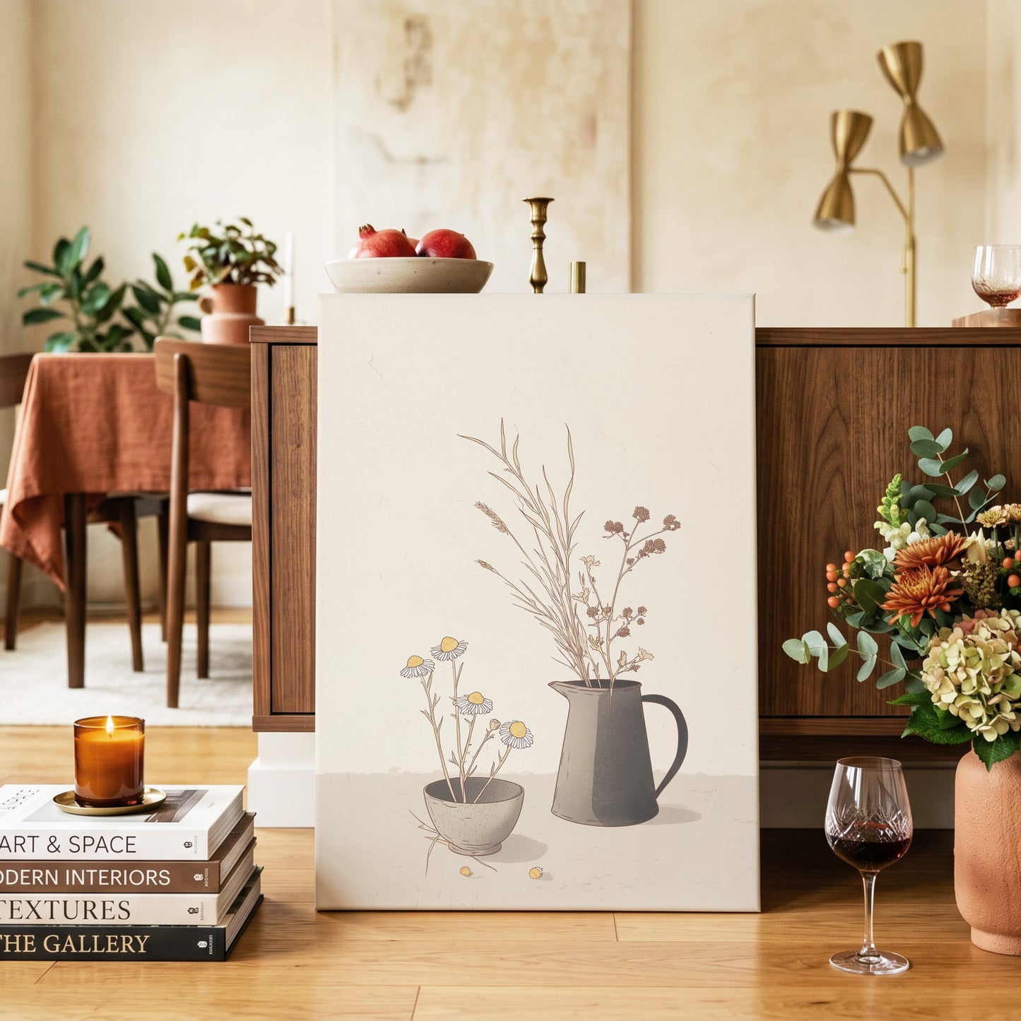 Chamomile & Charcoal, beige, brown, black floral wall art on canvas displayed in a styled interior, gallery view 2