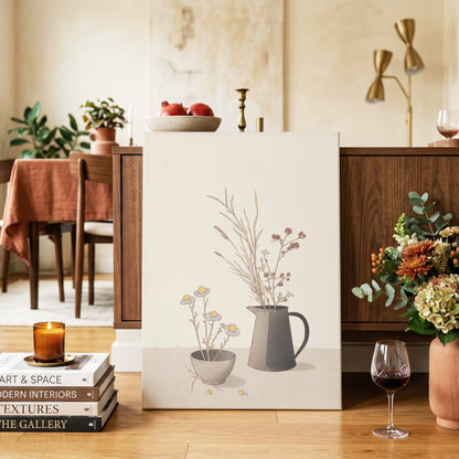 Chamomile & Charcoal, beige, brown, black floral wall art on canvas displayed in a styled interior, gallery view 2