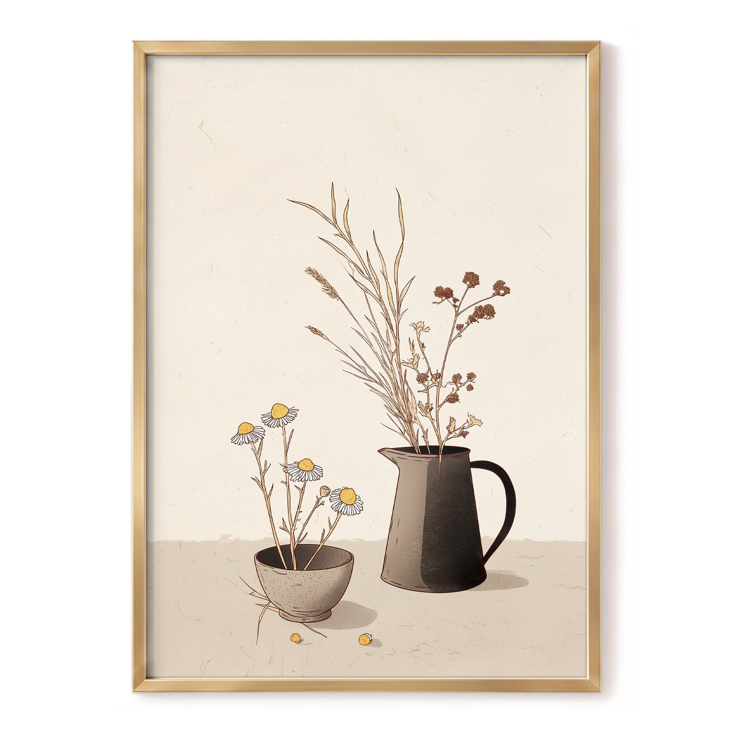 Chamomile & Charcoal, beige, brown, black floral wall art, front artwork view