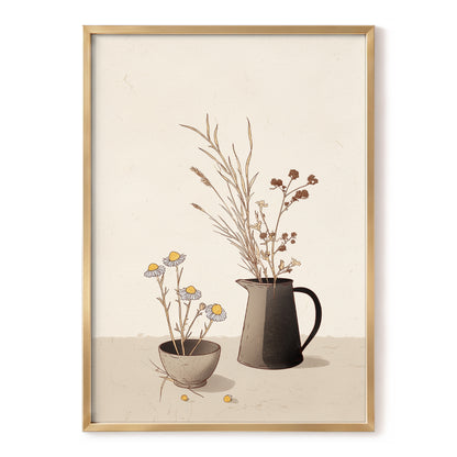 Chamomile & Charcoal, beige, brown, black floral wall art, front artwork view
