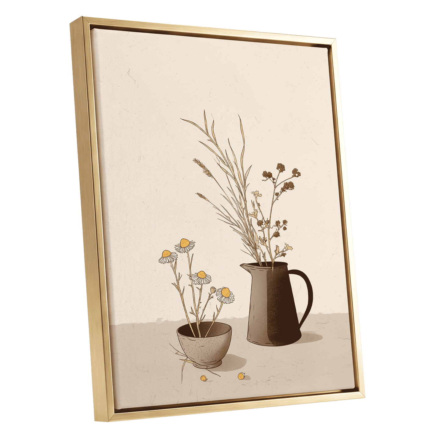 Chamomile & Charcoal, beige, brown, black floral wall art shown as a gold framed canvas wall art