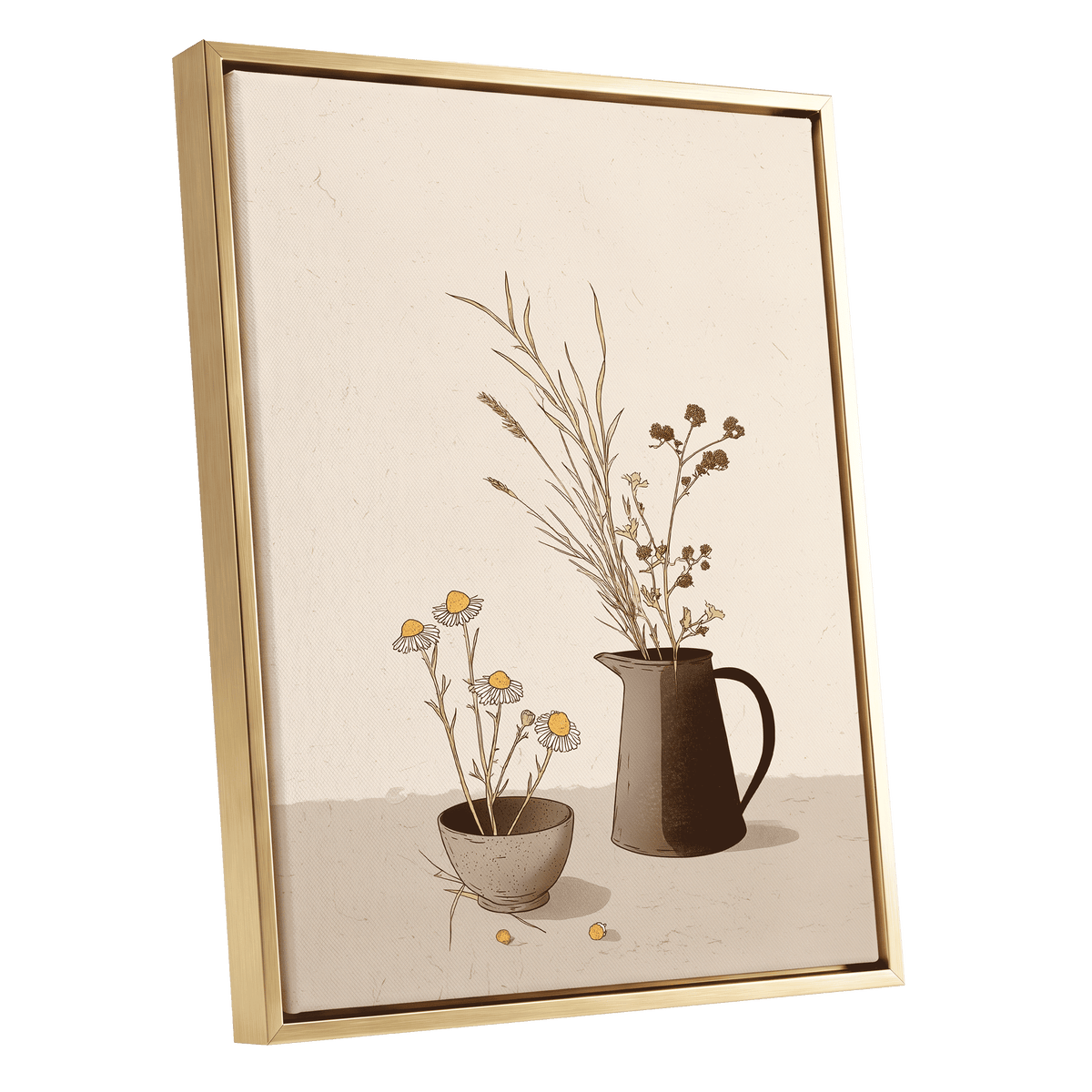 Chamomile & Charcoal, beige, brown, black floral wall art shown as a gold framed canvas wall art