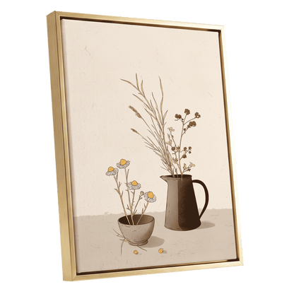 Chamomile & Charcoal, beige, brown, black floral wall art shown as a gold framed canvas wall art