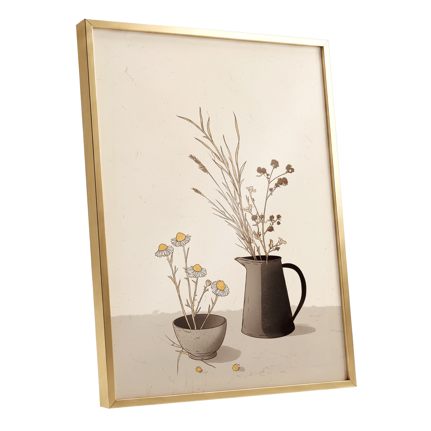 Chamomile & Charcoal, beige, brown, black floral wall art shown as a gold framed poster wall art print
