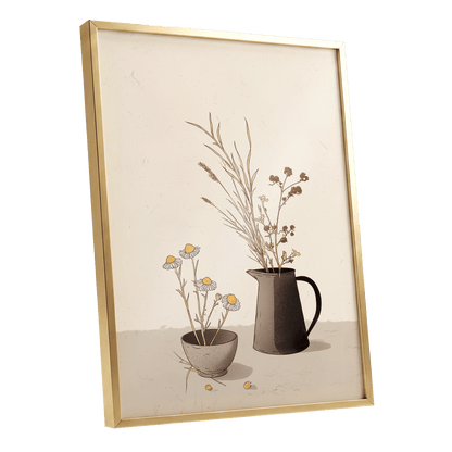 Chamomile & Charcoal, beige, brown, black floral wall art shown as a gold framed poster wall art print