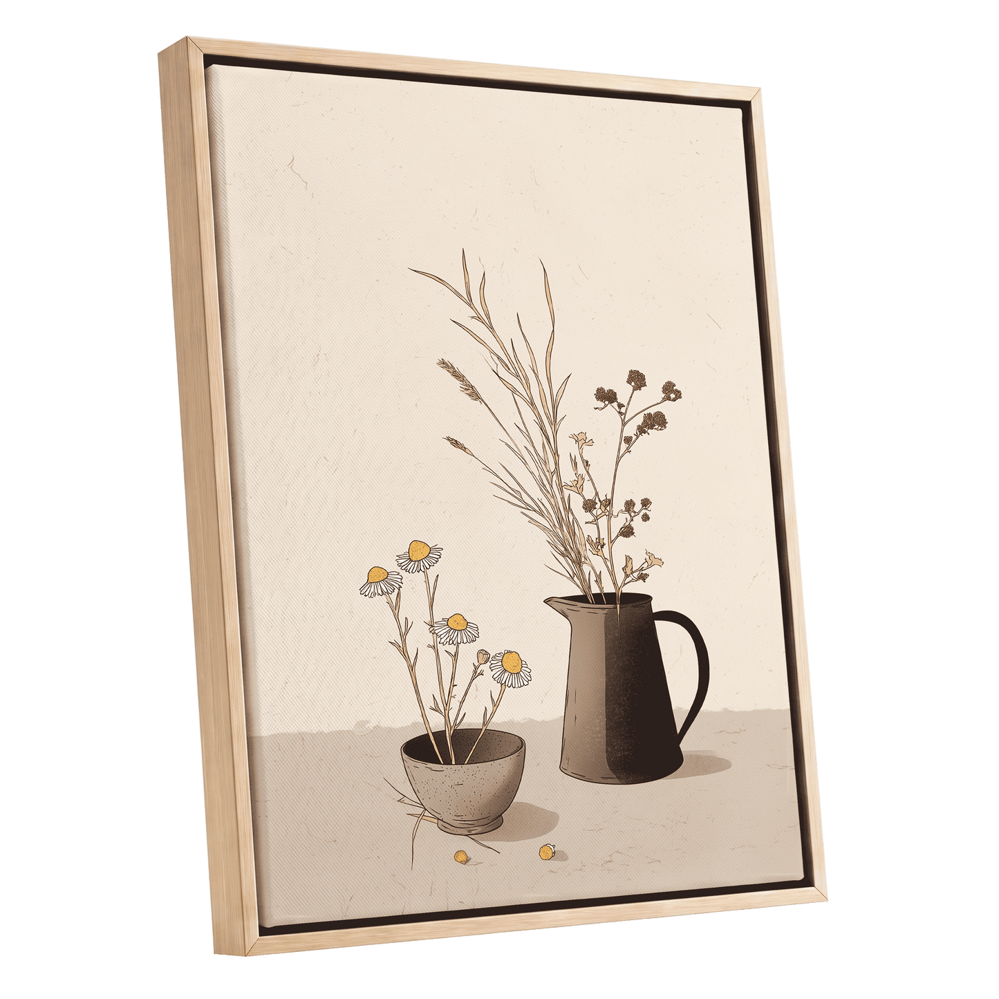 Chamomile & Charcoal, beige, brown, black floral wall art shown as a oak framed canvas wall art