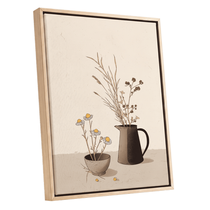 Chamomile & Charcoal, beige, brown, black floral wall art shown as a oak framed canvas wall art
