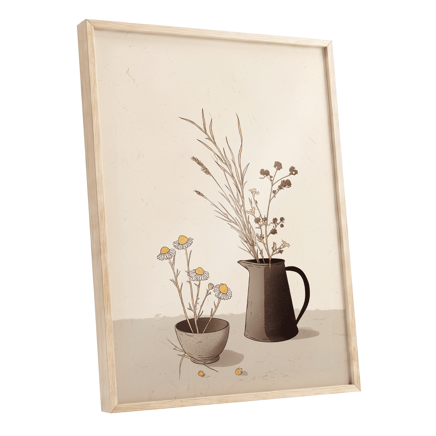 Chamomile & Charcoal, beige, brown, black floral wall art shown as a oak framed poster wall art print