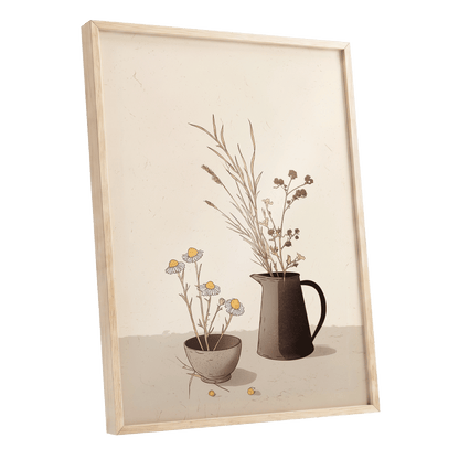 Chamomile & Charcoal, beige, brown, black floral wall art shown as a oak framed poster wall art print