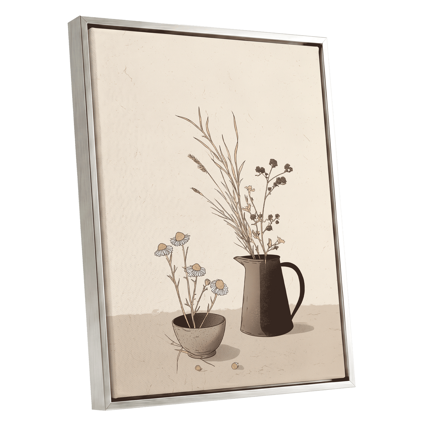 Chamomile & Charcoal, beige, brown, black floral wall art shown as a silver framed canvas wall art