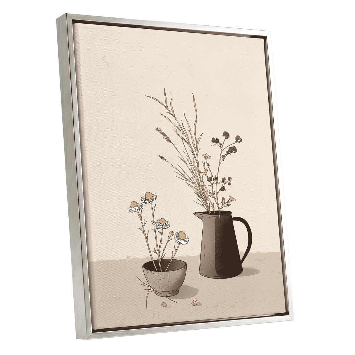 Chamomile & Charcoal, beige, brown, black floral wall art shown as a silver framed canvas wall art