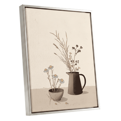 Chamomile & Charcoal, beige, brown, black floral wall art shown as a silver framed canvas wall art