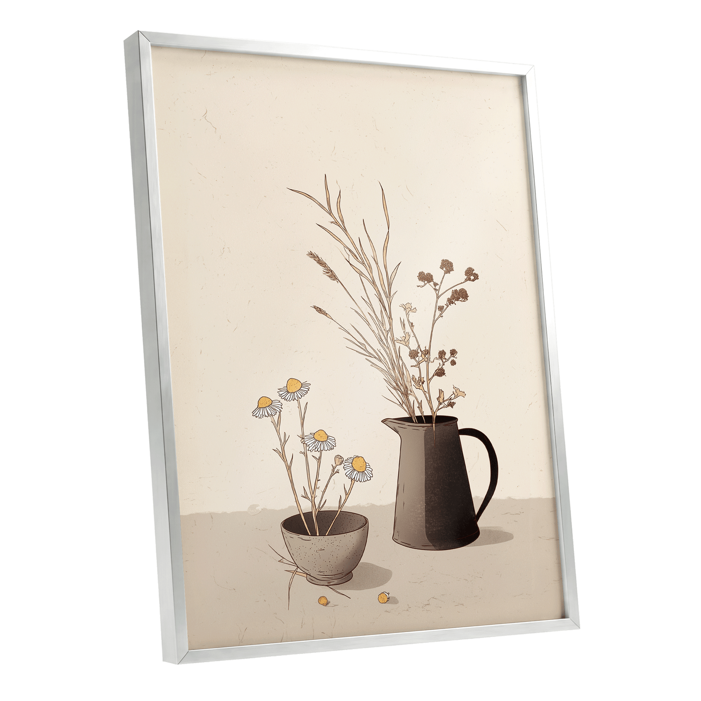 Chamomile & Charcoal, beige, brown, black floral wall art shown as a silver framed poster wall art print