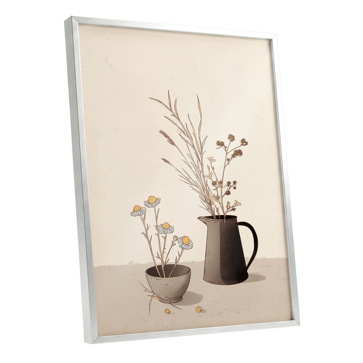 Chamomile & Charcoal, beige, brown, black floral wall art shown as a silver framed poster wall art print