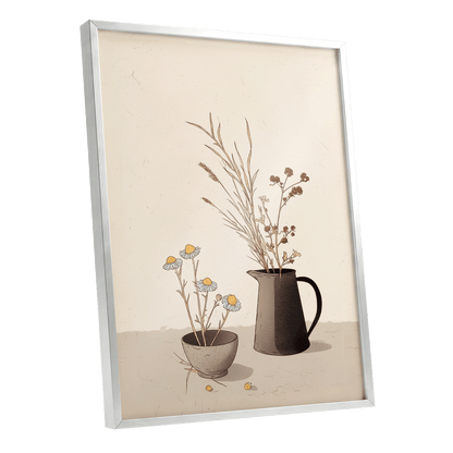 Chamomile & Charcoal, beige, brown, black floral wall art shown as a silver framed poster wall art print