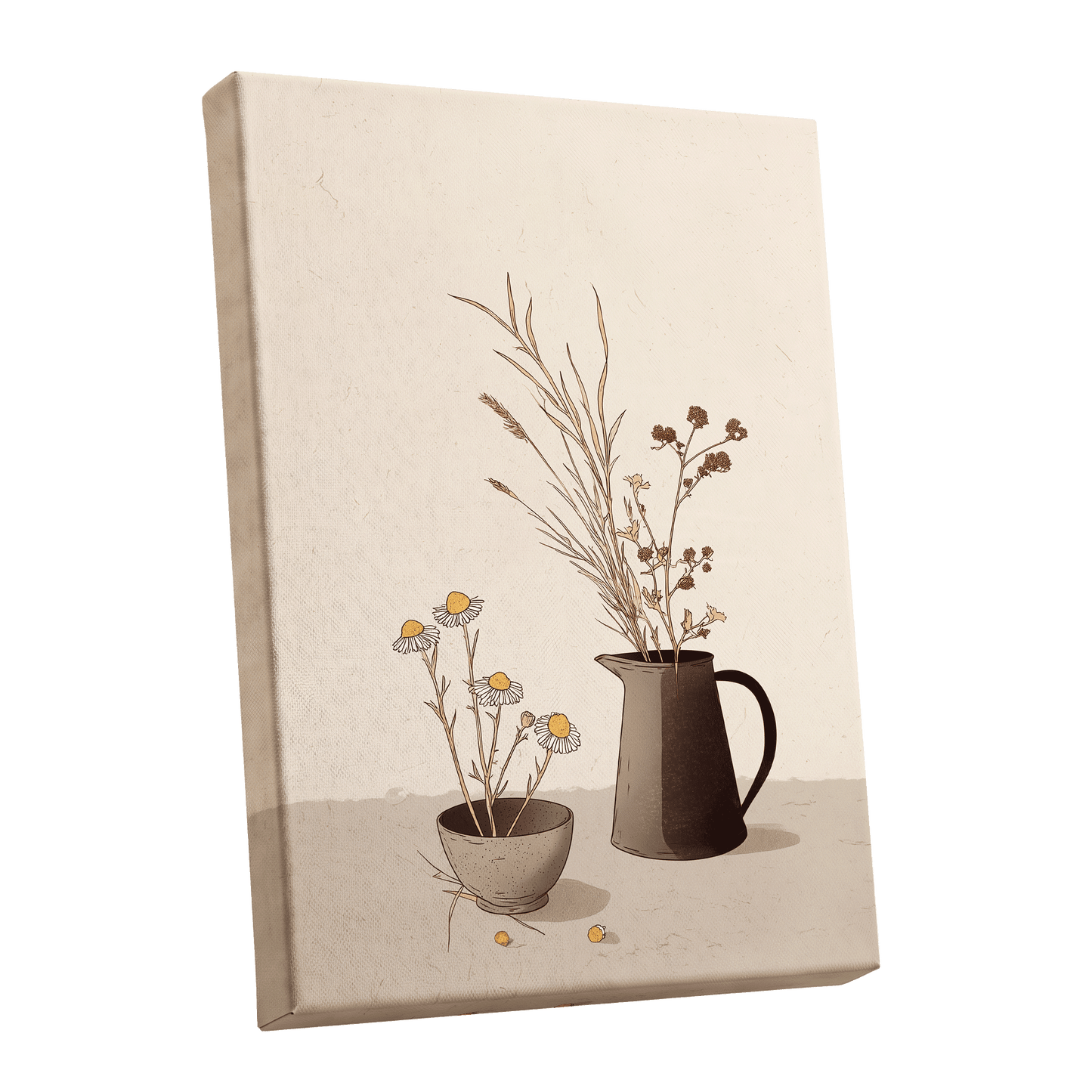 Chamomile & Charcoal, beige, brown, black floral wall art shown as a stretched canvas wall art