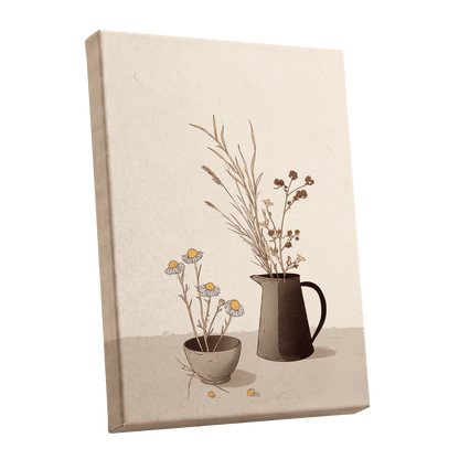 Chamomile & Charcoal, beige, brown, black floral wall art shown as a stretched canvas wall art