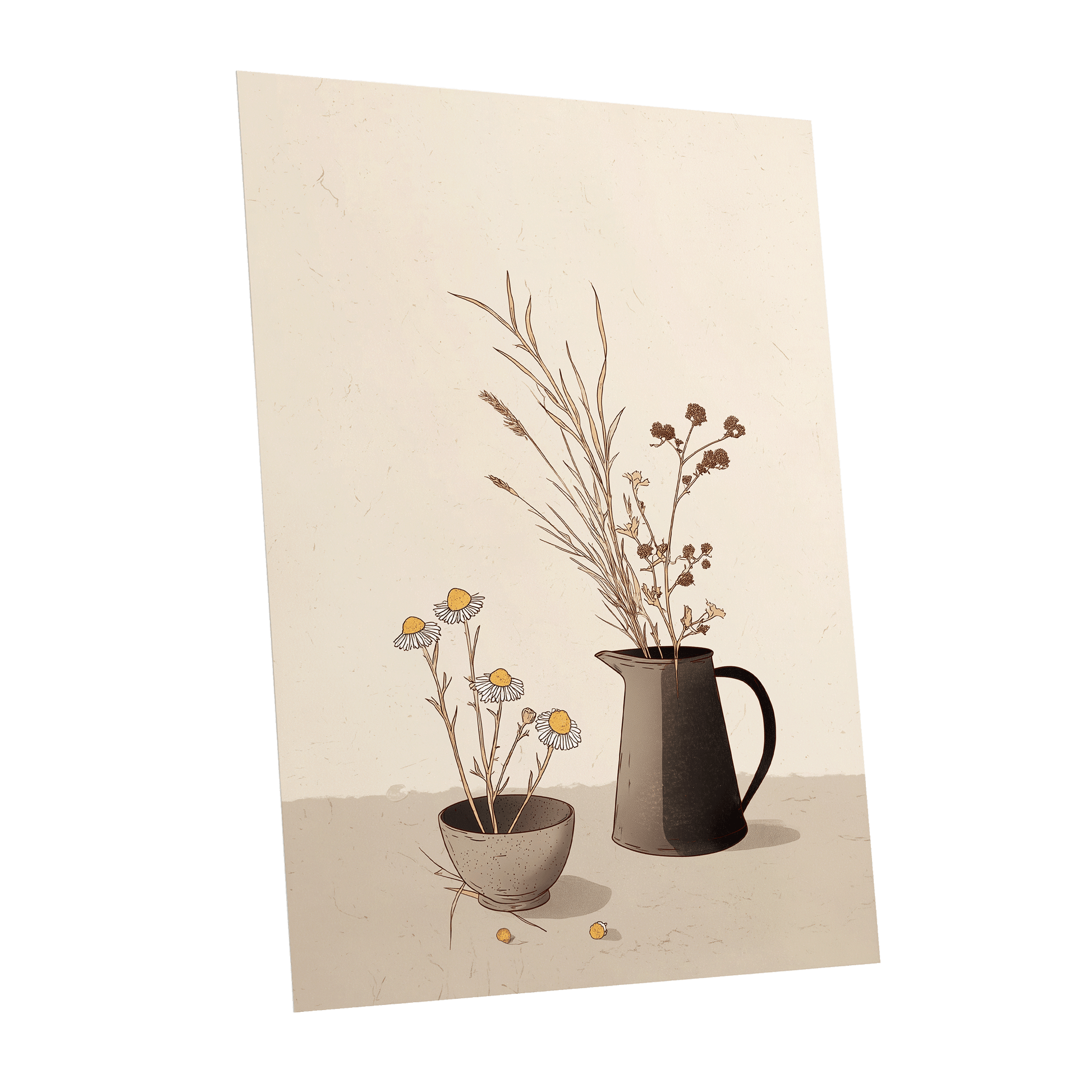 Chamomile & Charcoal, beige, brown, black floral wall art shown as a unframed poster wall art print