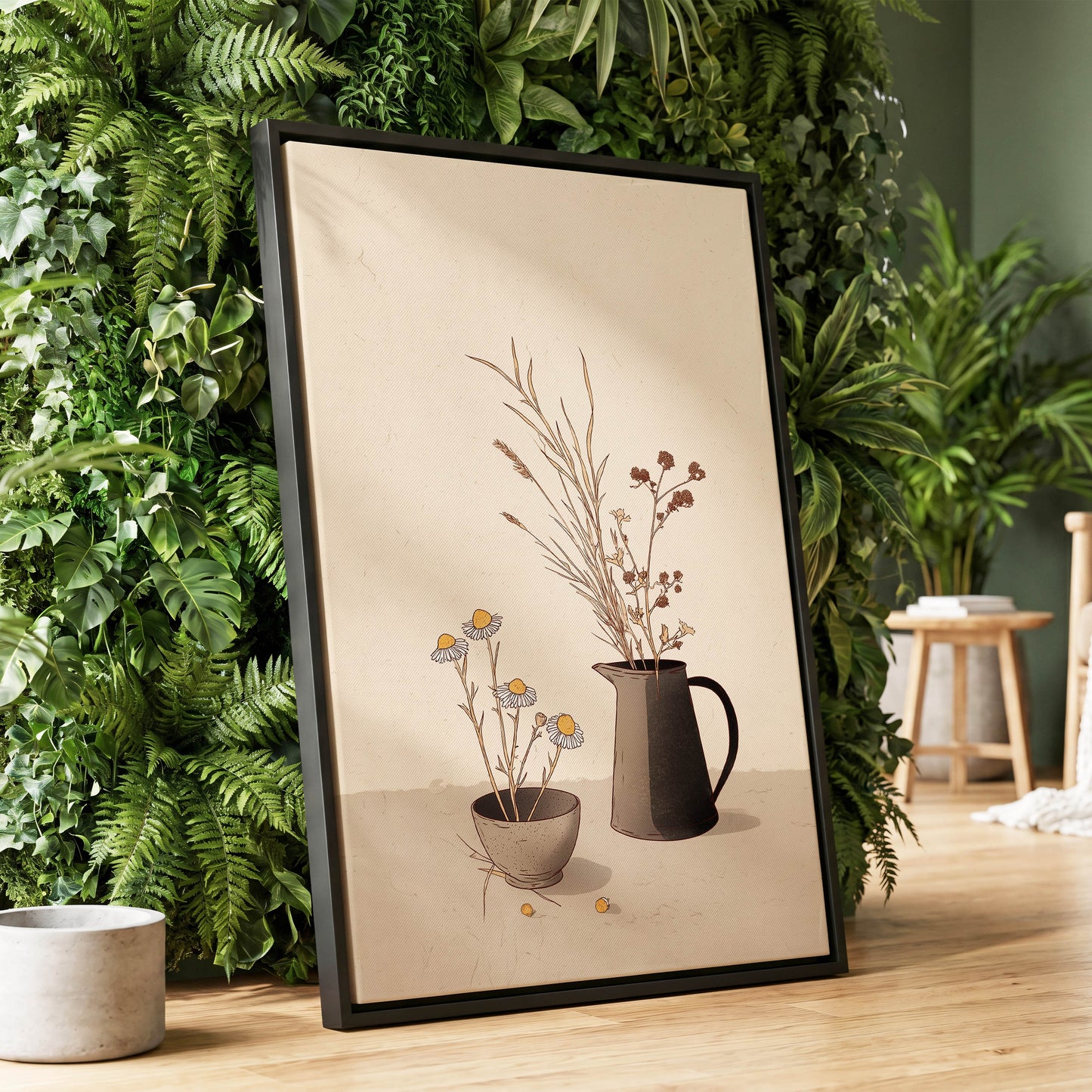 Chamomile & Charcoal, beige, brown, black floral wall art displayed in a styled interior, gallery view 1