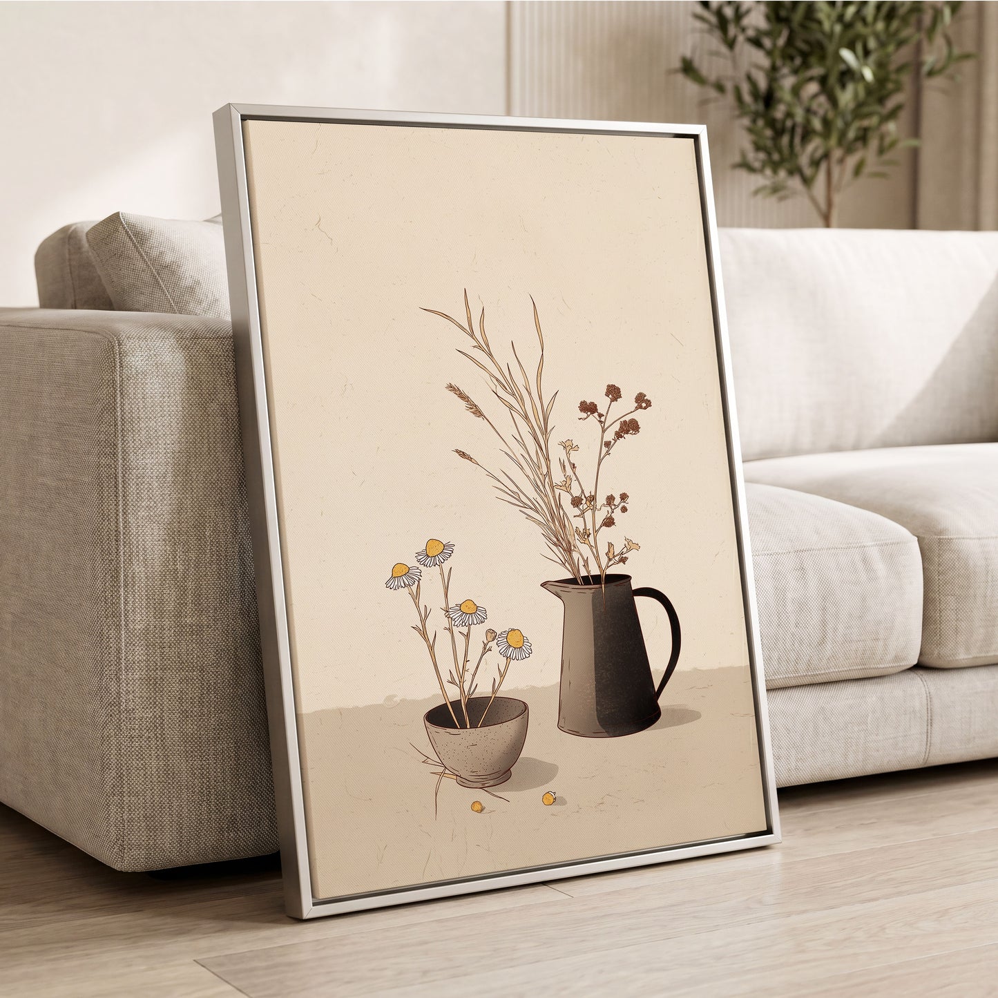 Chamomile & Charcoal, beige, brown, black floral wall art displayed in a styled interior, gallery view 2