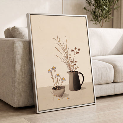 Chamomile & Charcoal, beige, brown, black floral wall art displayed in a styled interior, gallery view 2