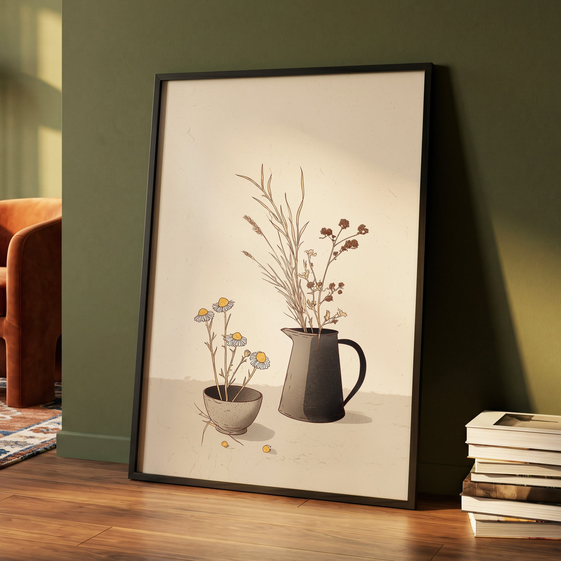 Chamomile & Charcoal, beige, brown, black floral wall art displayed in a styled interior, gallery view 4