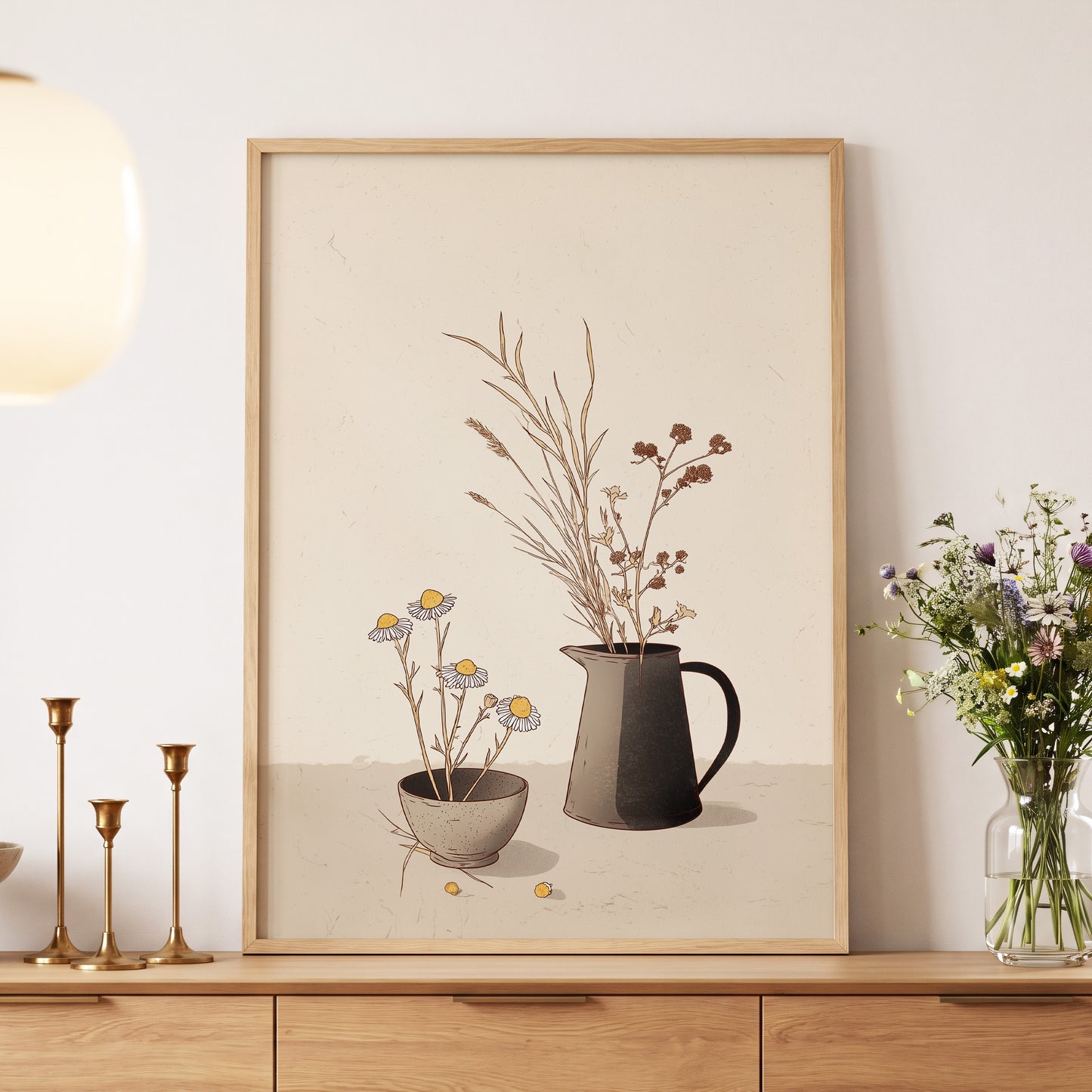 Chamomile & Charcoal, beige, brown, black floral wall art displayed in a styled interior, gallery view 5