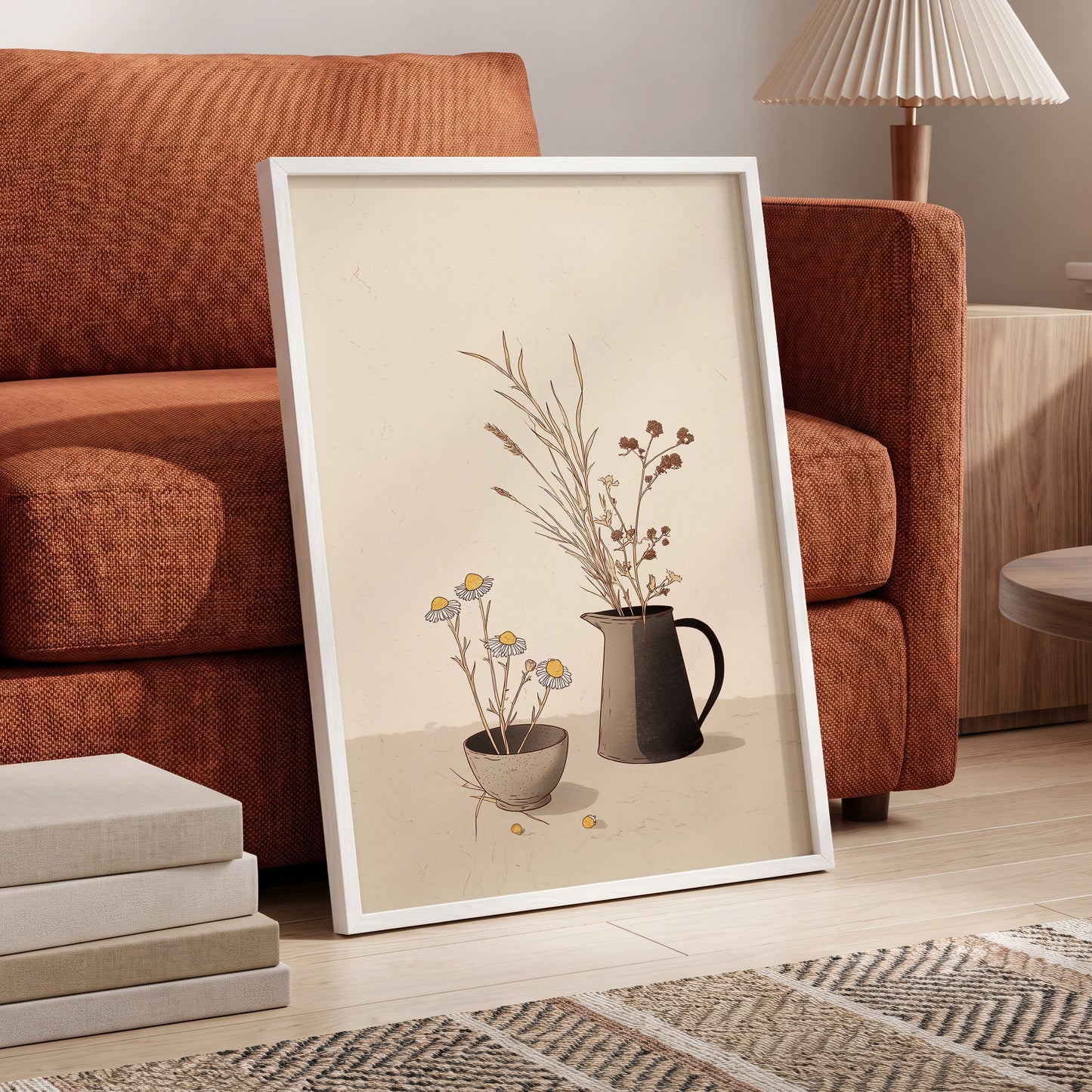 Chamomile & Charcoal, beige, brown, black floral wall art displayed in a styled interior, gallery view 6