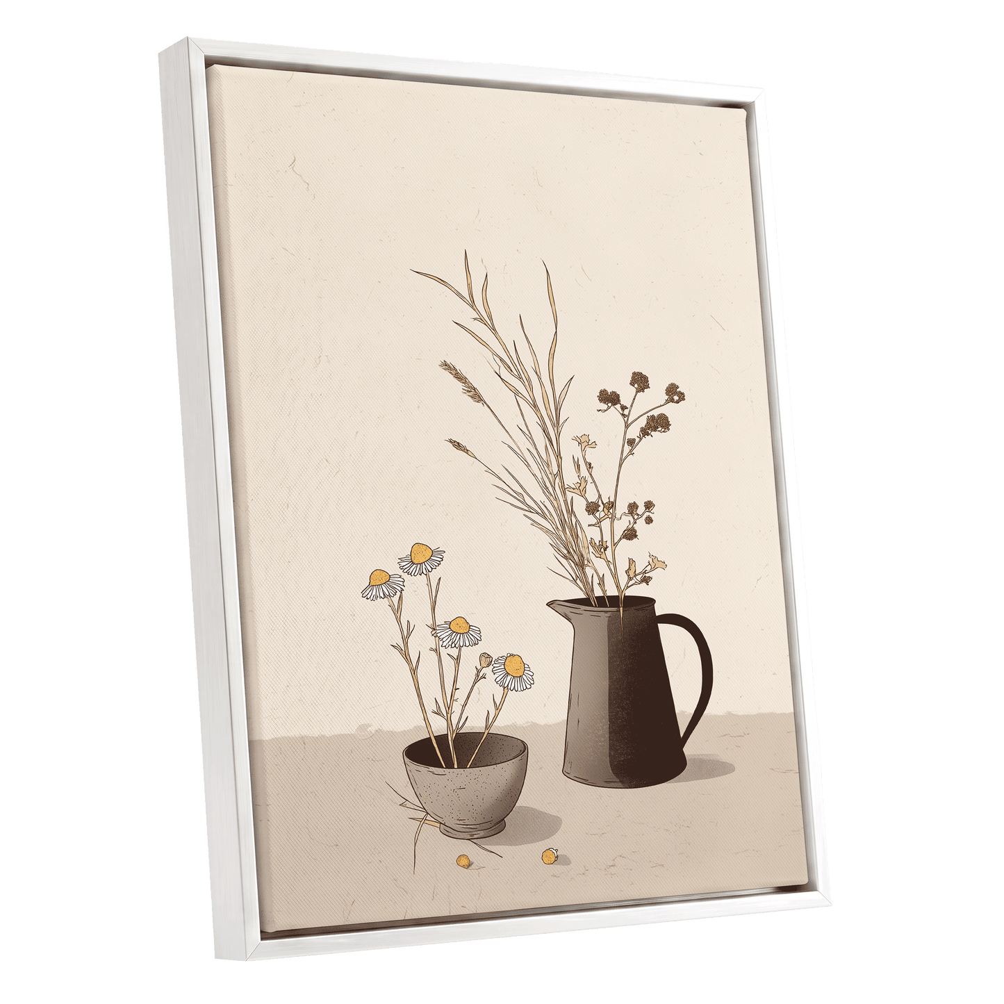 Chamomile & Charcoal, beige, brown, black floral wall art shown as a white framed canvas wall art