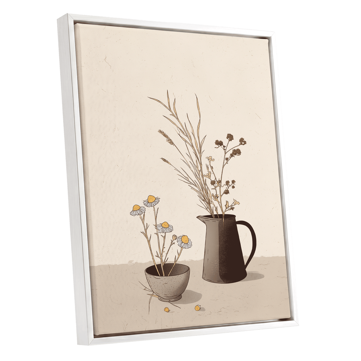Chamomile & Charcoal, beige, brown, black floral wall art shown as a white framed canvas wall art