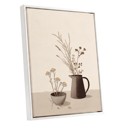 Chamomile & Charcoal, beige, brown, black floral wall art shown as a white framed canvas wall art