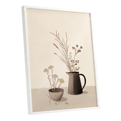 Chamomile & Charcoal, beige, brown, black floral wall art shown as a white framed poster wall art print
