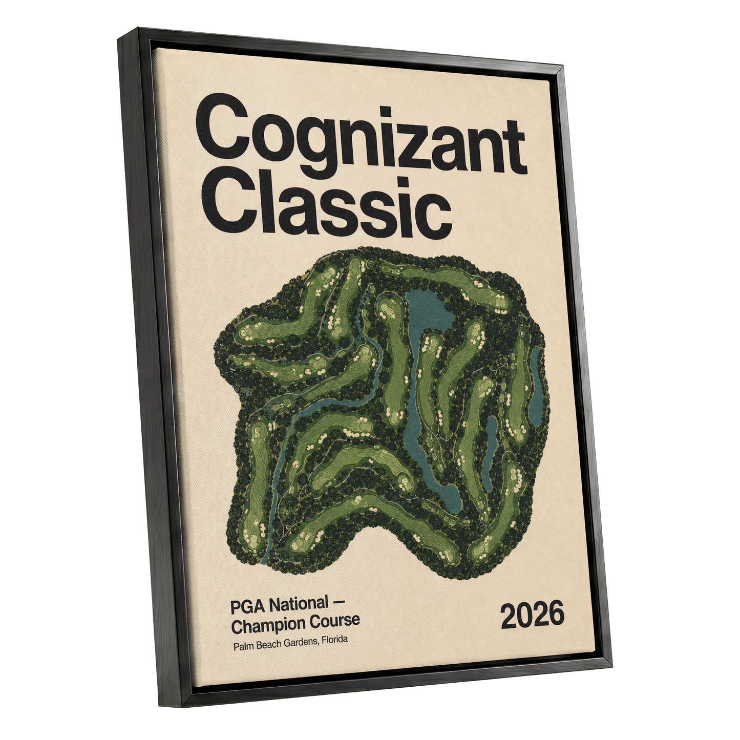 Champion Course 2026, green, beige, black nature wall art shown as a black framed canvas wall art