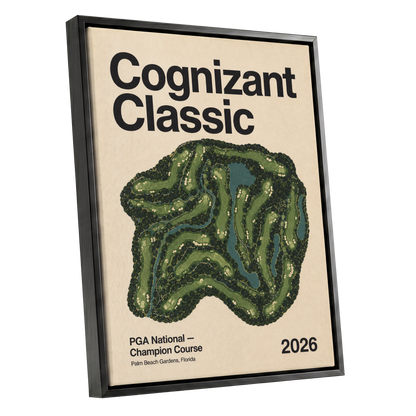Champion Course 2026, green, beige, black nature wall art shown as a black framed canvas wall art