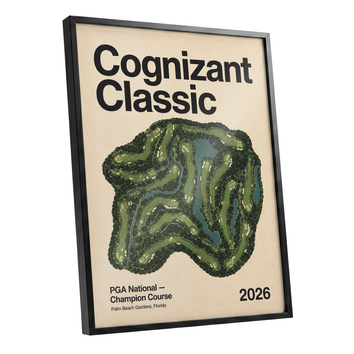 Champion Course 2026, green, beige, black nature wall art shown as a black framed poster wall art print