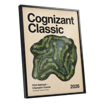 Champion Course 2026, green, beige, black nature wall art shown as a black framed poster wall art print