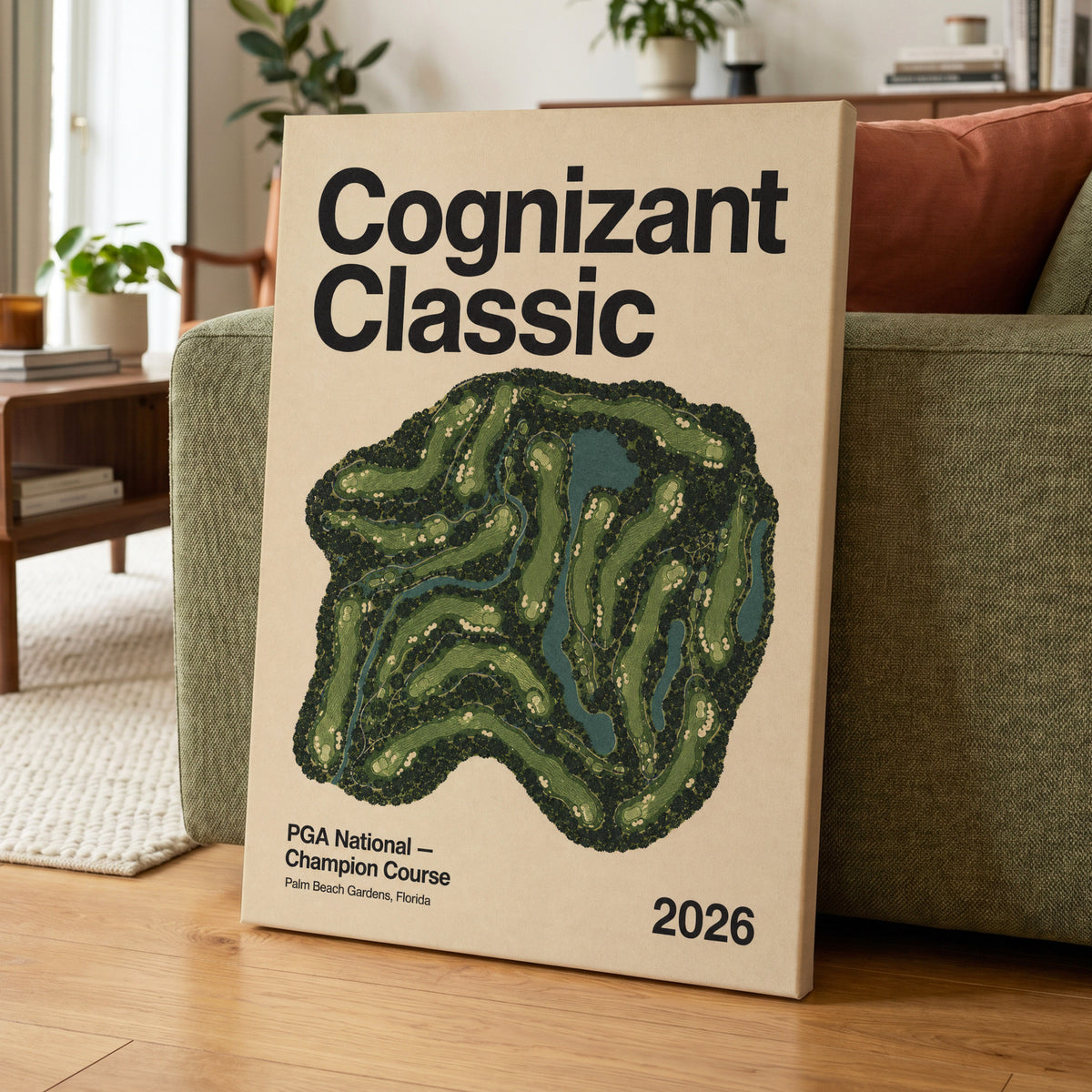 Champion Course 2026, green, beige, black nature wall art on canvas displayed in a styled interior, gallery view 1