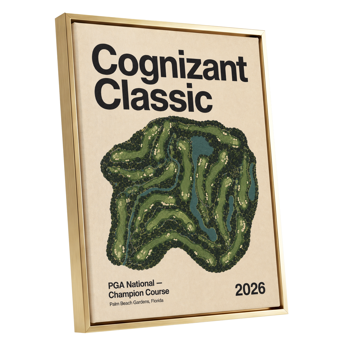Champion Course 2026, green, beige, black nature wall art shown as a gold framed canvas wall art